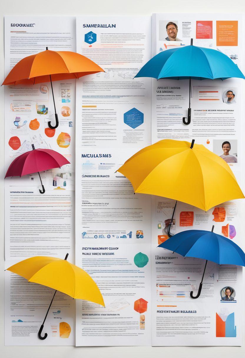 A visually engaging collage featuring diverse insurance documents, quotes transformed into claims, and symbols of protection like shields and umbrellas. Include illustrations of people discussing insurance options with agents, surrounded by intricate infographics showing insurance solutions. Use a modern, clean design with a blend of professional tones and bright highlights to emphasize clarity and complexity. super-realistic. vibrant colors. white background.