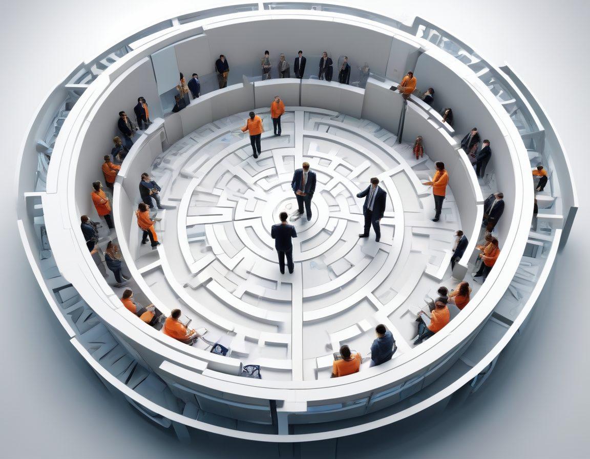 A detailed illustration of a diverse group of people navigating a maze made of insurance papers and contracts, with a backdrop of gears symbolizing risk management. The scene captures a sense of collaboration as they check backgrounds on digital screens. Bright and inviting colors to convey optimism and security. super-realistic. vibrant colors. white background.