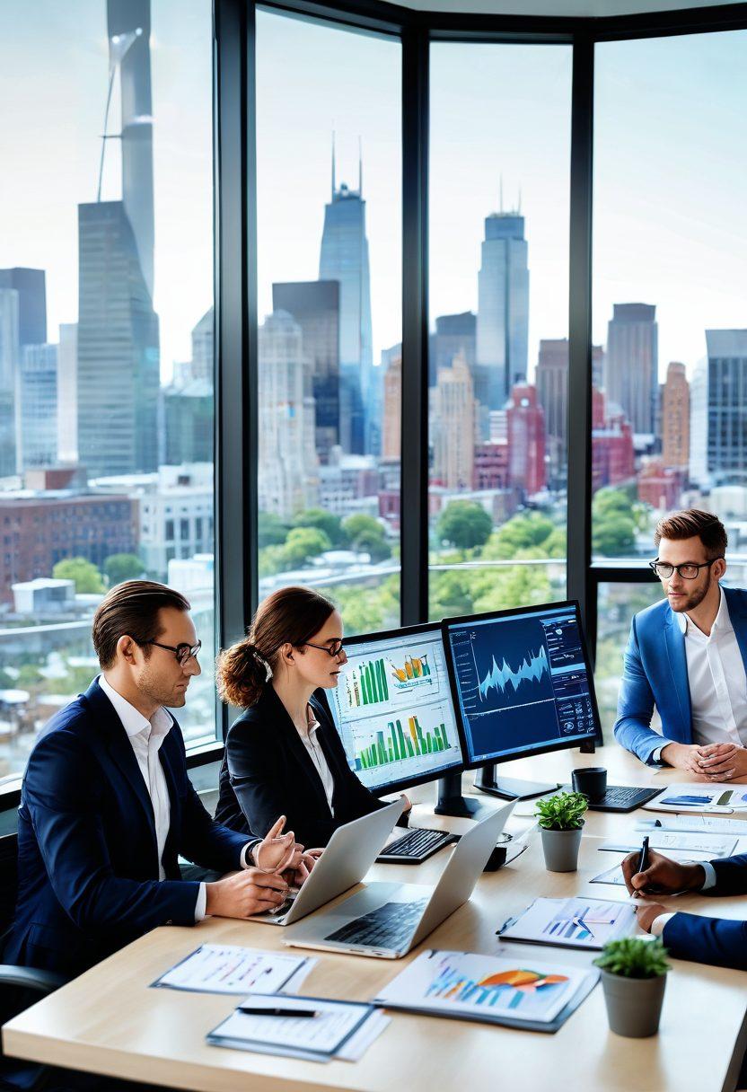 A bright, open office space with a diverse team of professionals gathered around a large table, analyzing charts and graphs on a laptop, symbolizing collaboration in risk assessment. In the background, a window shows a city skyline, representing financial growth and stability. Soft lighting and green plants offer a sense of calm and focus. super-realistic. vibrant colors. white background.